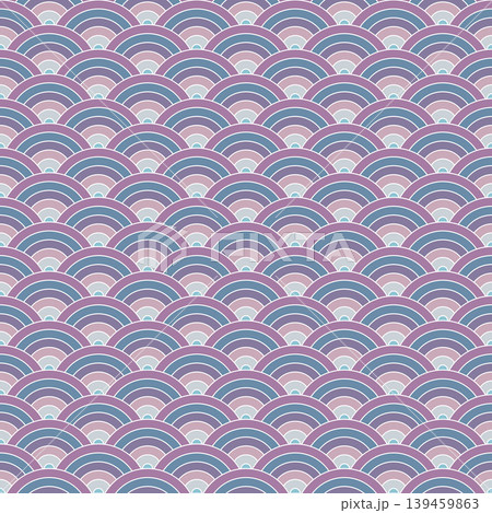 Seamless geometric of traditional Japanese wave pattern featuring layered semicircles in soft pastel shades of lavender, blue, gray, and pink. Seamless geometric of traditional Japanese wave pattern featuring layered semicircles in soft pastel shades of lavender, blue, gray, and pink. 139459863