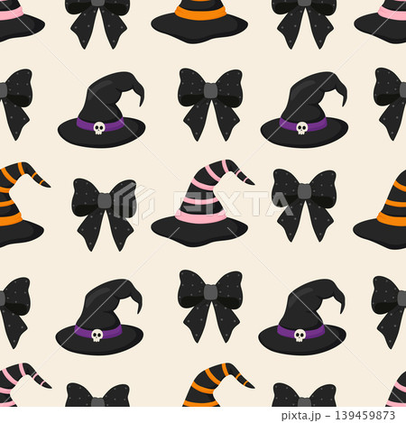 A fun and festive seamless pattern featuring various witch hats and black bows on a light background. A fun and festive seamless pattern featuring various witch hats and black bows on a light background. 139459873