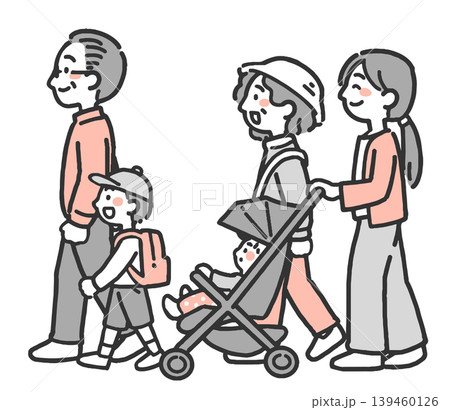 赤ちゃんが乗ったベビーカーを押すお母さんと、老夫婦と子どもの2色イラスト 赤ちゃんが乗ったベビーカーを押すお母さんと、老夫婦と子どもの2色イラスト 139460126