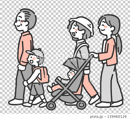 A two-color illustration depicting a mother pushing a stroller with a baby in it, and an elderly couple and their child. A two-color illustration depicting a mother pushing a stroller with a baby in it, and an elderly couple and their child. 139460126