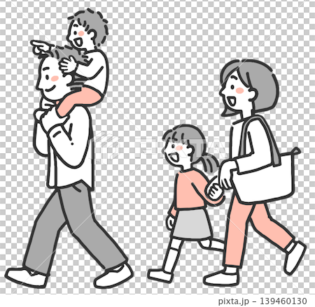 A two-color illustration of a family of four: young parents and their children going out. A two-color illustration of a family of four: young parents and their children going out. 139460130
