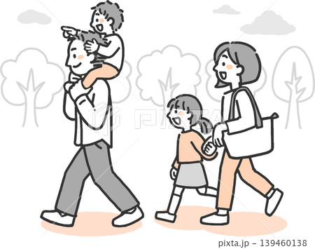 自然の中をお出かけする若い両親と子どもたちの4人家族の2色イラスト 自然の中をお出かけする若い両親と子どもたちの4人家族の2色イラスト 139460138