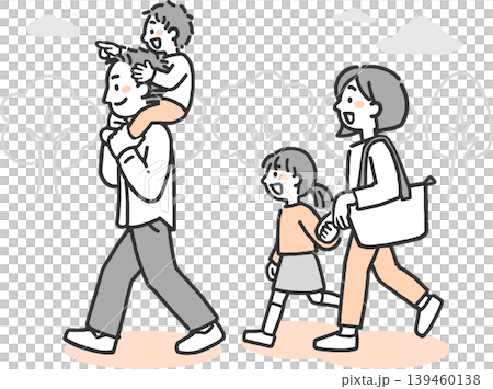 自然の中をお出かけする若い両親と子どもたちの4人家族の2色イラスト 自然の中をお出かけする若い両親と子どもたちの4人家族の2色イラスト 139460138