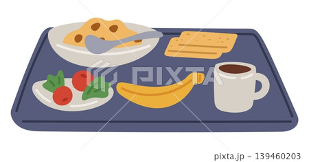 Tray with school breakfast. Porridge bowl. Bread slices. Vegetables salad. Banana fruit and drink cup. Healthy morning meal. Lunch food serving. Coffee mug. Vector brunch eating concept Tray with school breakfast. Porridge bowl. Bread slices. Vegetables salad. Banana fruit and drink cup. Healthy morning meal. Lunch food serving. Coffee mug. Vector brunch eating concept 139460203