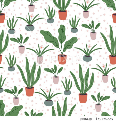 Variety of houseplants and flowers in colorful ceramic pots seamless pattern. Repeated print. Indoor palm and fern ficus in flowerpots. Succulent foliage. Vector botanical background 139460225