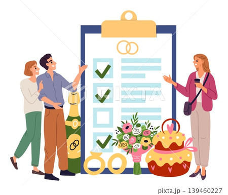 Woman plans weddings for couples in love. Professional agent organizes celebrations and events. Holiday checklist. Bridal rings and bouquet. Marriage ceremony planner. Vector concept Woman plans weddings for couples in love. Professional agent organizes celebrations and events. Holiday checklist. Bridal rings and bouquet. Marriage ceremony planner. Vector concept 139460227