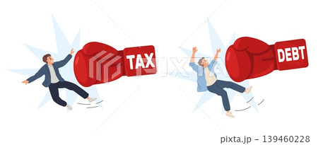 Young men knocked off their feet by red boxing glove with words tax and debt. Boxer fist attacks. Hand punch of loan pressure. Financial crisis. Businessman bankruptcy. Vector concept Young men knocked off their feet by red boxing glove with words tax and debt. Boxer fist attacks. Hand punch of loan pressure. Financial crisis. Businessman bankruptcy. Vector concept 139460228