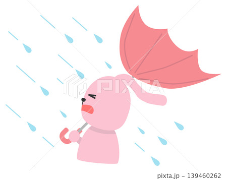 雨と強風で傘が壊れて歩けなくなるウサギのイラスト 139460262