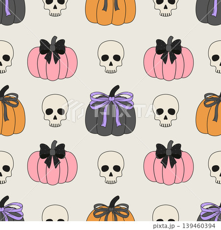Seamless Halloween pattern featuring skulls, pumpkins, and coquette bows. Seamless Halloween pattern featuring skulls, pumpkins, and coquette bows. 139460394