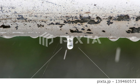 雨の日のガードパイプから落ちる水滴 139460571