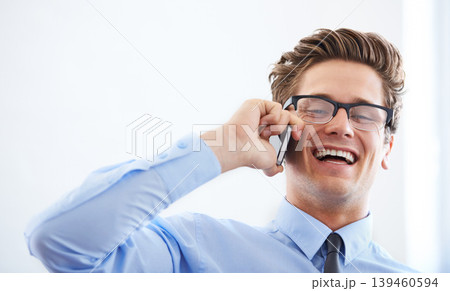 Businessman, phone call and networking or smile in office, connection and contact for company. Male person, professional and communication or mobile application, technology and joy for discussion 139460594