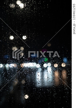 Rainy Night City Lights Bokeh. Abstract Urban Background with Raindrops. 139461293