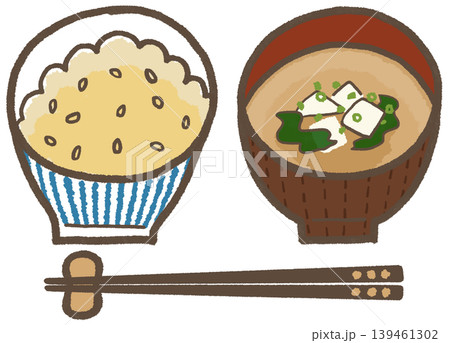 玄米（青縞）と味噌汁（豆腐とわかめ）、シンプルで可愛くデフォルメした手描きイラスト（暮らしシリーズ） 139461302