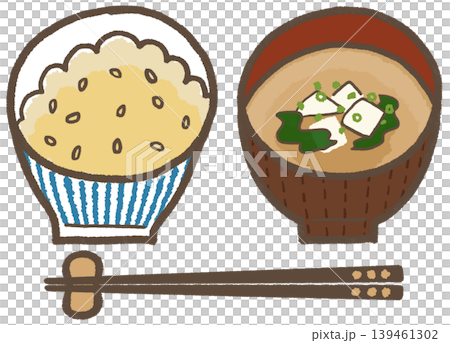 玄米（青縞）と味噌汁（豆腐とわかめ）、シンプルで可愛くデフォルメした手描きイラスト（暮らしシリーズ） 139461302