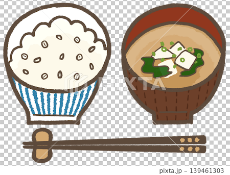 味噌湯配糯大麥（藍色條紋）和豆腐，以及簡潔可愛的手繪插圖（生活方式系列） 139461303