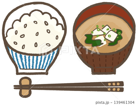 ご飯（青縞）と味噌汁（豆腐とわかめ）、シンプルで可愛くデフォルメした手描きイラスト（暮らしシリーズ） 139461304