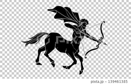 A black and white illustration of a centaur shooting an arrow (with a white outline). A black and white illustration of a centaur shooting an arrow (with a white outline). 139461385