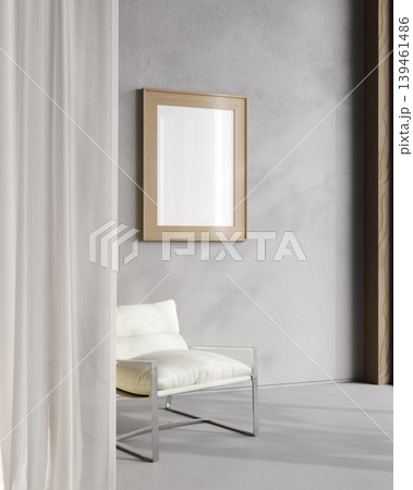 Minimal poster mockup in modern interior with wooden frame, armchair and concrete wall 139461486