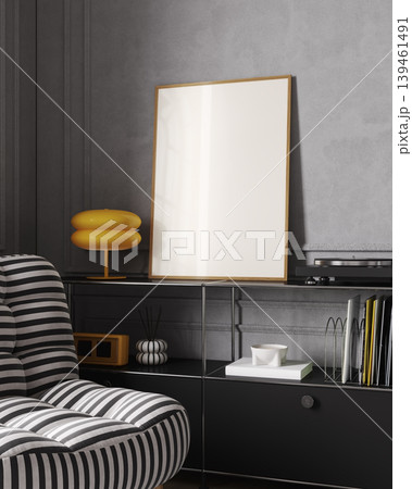 Poster frame mockup in Bauhaus Interior with yellow lamp, ISO A paper size, 3d rendering Poster frame mockup in Bauhaus Interior with yellow lamp, ISO A paper size, 3d rendering 139461491