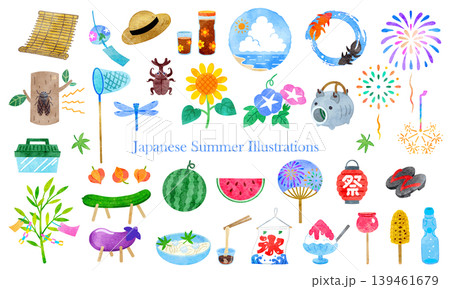 日本の夏イラストセット 手描き水彩 日本の夏イラストセット 手描き水彩 139461679