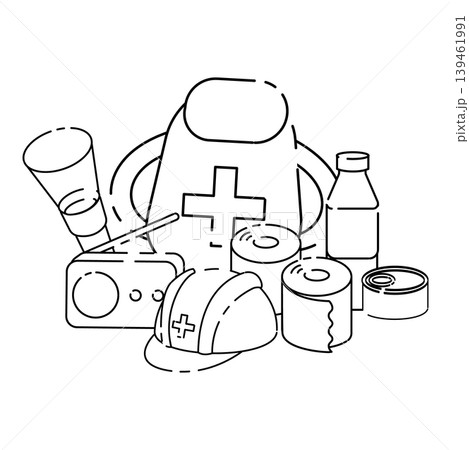 防災用品と非常用品をまとめた線画イラスト 防災用品と非常用品をまとめた線画イラスト 139461991