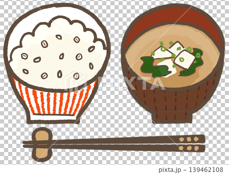 Barley (red striped) and miso soup (tofu and wakame seaweed), with a simple and cutely stylized illustration (Lifestyle Series) 139462108