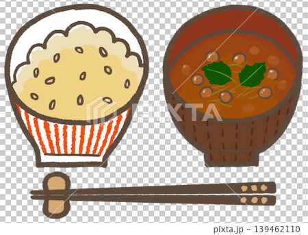 玄米（赤縞）となめこの赤だし、シンプルでかわいくデフォルメした手描きイラスト（暮らしシリーズ） 139462110