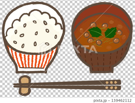 ごはん(赤縞)となめこの赤だし、シンプルでかわいくデフォルメした手描きイラスト(暮らしシリーズ) ごはん(赤縞)となめこの赤だし、シンプルでかわいくデフォルメした手描きイラスト(暮らしシリーズ) 139462112