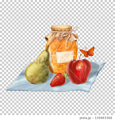 Fruit and jam on a napkin. Watercolor isolated composition for decorating a bakery, cafe, or store. Fruit and jam on a napkin. Watercolor isolated composition for decorating a bakery, cafe, or store. 139463368