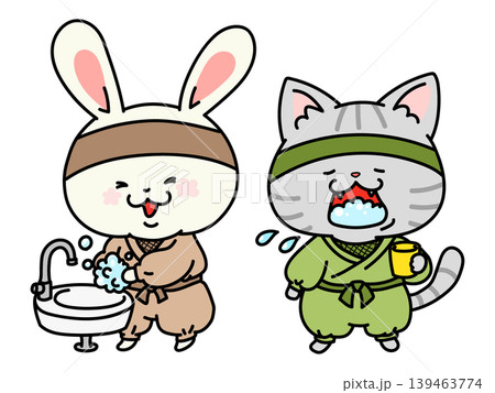 手洗いとうがいをして感染予防するウサギと猫の忍者のイラスト 139463774