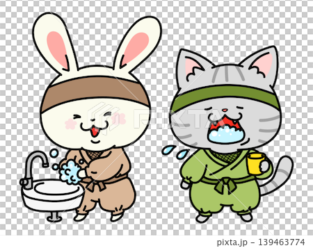 手洗いとうがいをして感染予防するウサギと猫の忍者のイラスト 139463774