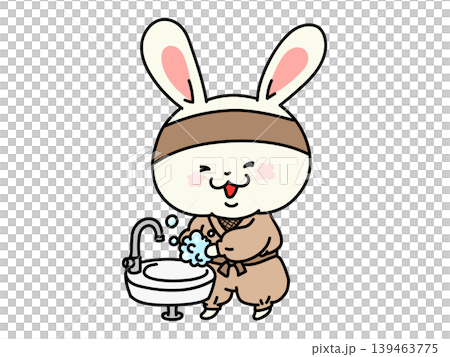 一幅兔子忍者洗手以預防感染的插圖。 139463775