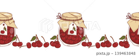 Seamless Border with Cherry Homemade Jam Jars and Fresh Berries. Botanical Fruit Horizontal Kitchen Textile Ribbon. Washi Tape Design Background. Vector Illustration. Website Header. Seamless Border with Cherry Homemade Jam Jars and Fresh Berries. Botanical Fruit Horizontal Kitchen Textile Ribbon. Washi Tape Design Background. Vector Illustration. Website Header. 139463848