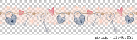 Watercolor seamless border with rope, keys and heart locks, hand drawn romantic valentine ribbon illustration isolated on white 139463853