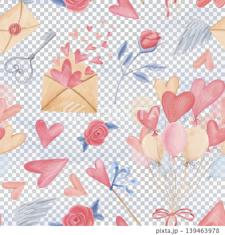 Watercolor valentine seamless pattern with hearts, balloons, envelopes and flowers. Hand drawn romantic cute background Watercolor valentine seamless pattern with hearts, balloons, envelopes and flowers. Hand drawn romantic cute background 139463978