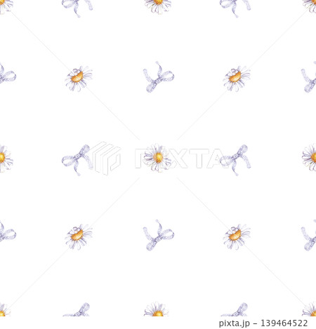Seamless pattern of watercolor daisies and lilac lace bows on an isolated background. This romantic texture is perfect for wedding stationery, nursery wallpaper, spring fashion textiles, gift wrapping Seamless pattern of watercolor daisies and lilac lace bows on an isolated background. This romantic texture is perfect for wedding stationery, nursery wallpaper, spring fashion textiles, gift wrapping 139464522