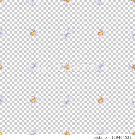 Seamless pattern of watercolor daisies and lilac lace bows on an isolated background. This romantic texture is perfect for wedding stationery, nursery wallpaper, spring fashion textiles, gift wrapping Seamless pattern of watercolor daisies and lilac lace bows on an isolated background. This romantic texture is perfect for wedding stationery, nursery wallpaper, spring fashion textiles, gift wrapping 139464522