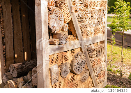 A structure made of wood and natural materials serves as a home for many insects. This insect hotel is located in a garden, attracting pollinators and beneficial bugs A structure made of wood and natural materials serves as a home for many insects. This insect hotel is located in a garden, attracting pollinators and beneficial bugs 139464523