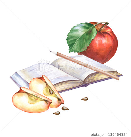 Watercolor composition with an open book with blank pages, red apples and a pencil on an isolated background. Botanical illustration is suitable for decorating school notebooks, cookbook covers Watercolor composition with an open book with blank pages, red apples and a pencil on an isolated background. Botanical illustration is suitable for decorating school notebooks, cookbook covers 139464524