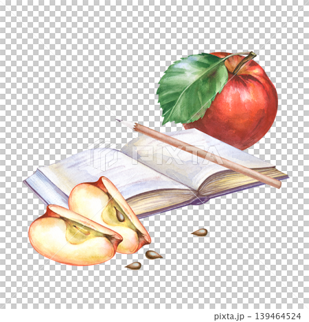 Watercolor composition with an open book with blank pages, red apples and a pencil on an isolated background. Botanical illustration is suitable for decorating school notebooks, cookbook covers Watercolor composition with an open book with blank pages, red apples and a pencil on an isolated background. Botanical illustration is suitable for decorating school notebooks, cookbook covers 139464524