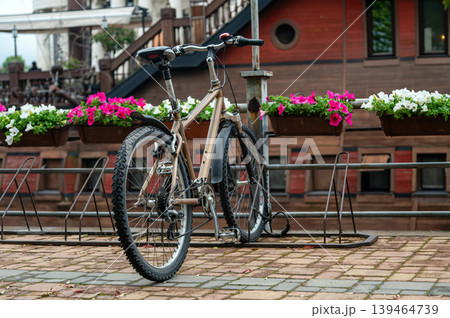 Bicycle parked near colorful flowers in Skopje during a sunny day Bicycle parked near colorful flowers in Skopje during a sunny day 139464739