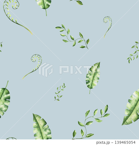 Branch with leaves. Watercolor seamless pattern, hand drawn pastel climbing green liana. Isolated botanical illustration on transparent background. Perfect for tropical design projects. For designers Branch with leaves. Watercolor seamless pattern, hand drawn pastel climbing green liana. Isolated botanical illustration on transparent background. Perfect for tropical design projects. For designers 139465054