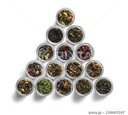 Large assortment of teas in the form of a frame on a white background. The view from the top 139465597