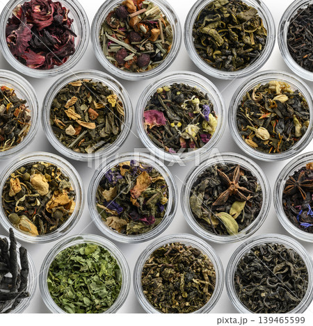 Large assortment of teas in the form of a frame on a white background. The view from the top Large assortment of teas in the form of a frame on a white background. The view from the top 139465599