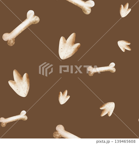 Watercolor seamless pattern with hand drawn prehistoric dinosaur or dog bone, animal and dinosaur footprint. Isolated illustration on transparent background. Perfect for Pet Product Designs, projects Watercolor seamless pattern with hand drawn prehistoric dinosaur or dog bone, animal and dinosaur footprint. Isolated illustration on transparent background. Perfect for Pet Product Designs, projects 139465608