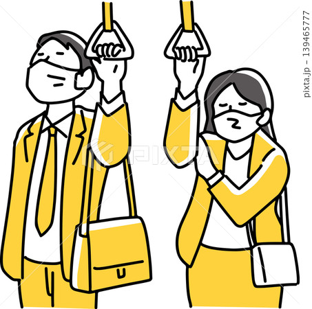 吊り革を握るマスクをつけた会社員の男女 139465777