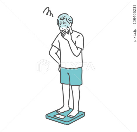 体重測定をしてショックを受けるシニア男性のイラスト(標準体型) 体重測定をしてショックを受けるシニア男性のイラスト(標準体型) 139466235