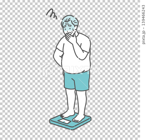 An illustration of a senior man (obese) who is shocked after having his weight measured. An illustration of a senior man (obese) who is shocked after having his weight measured. 139466243