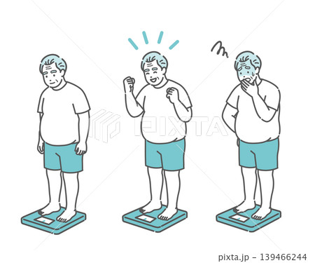 体重測定をするシニア男性のイラストセット（肥満体型・表情3種） 139466244