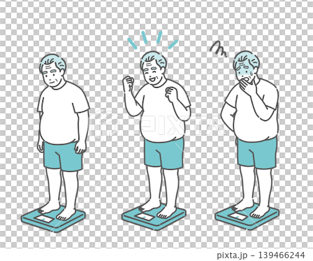 体重測定をするシニア男性のイラストセット（肥満体型・表情3種） 139466244